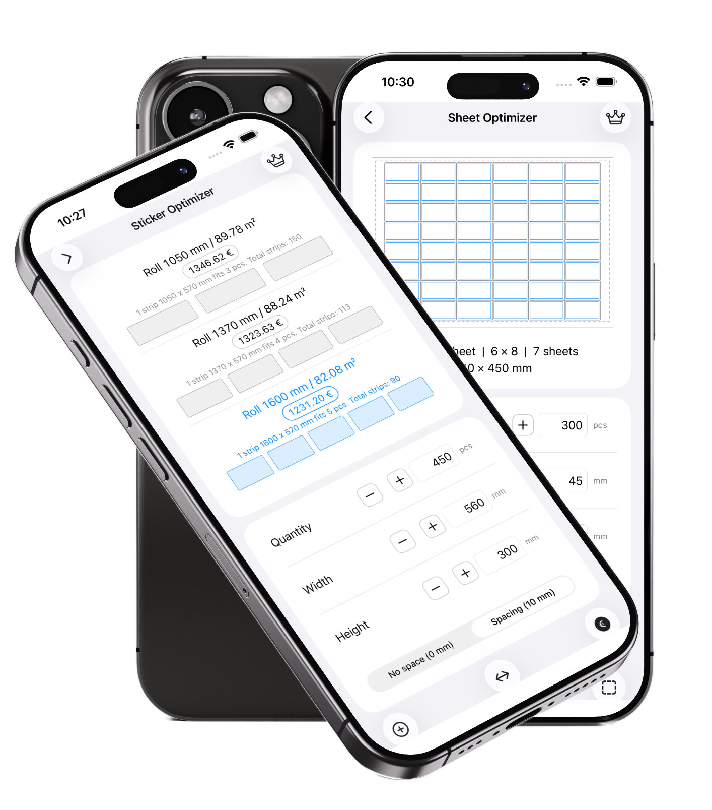 Sticker Optimizer app on iPhone screen with a sticker roll in the background